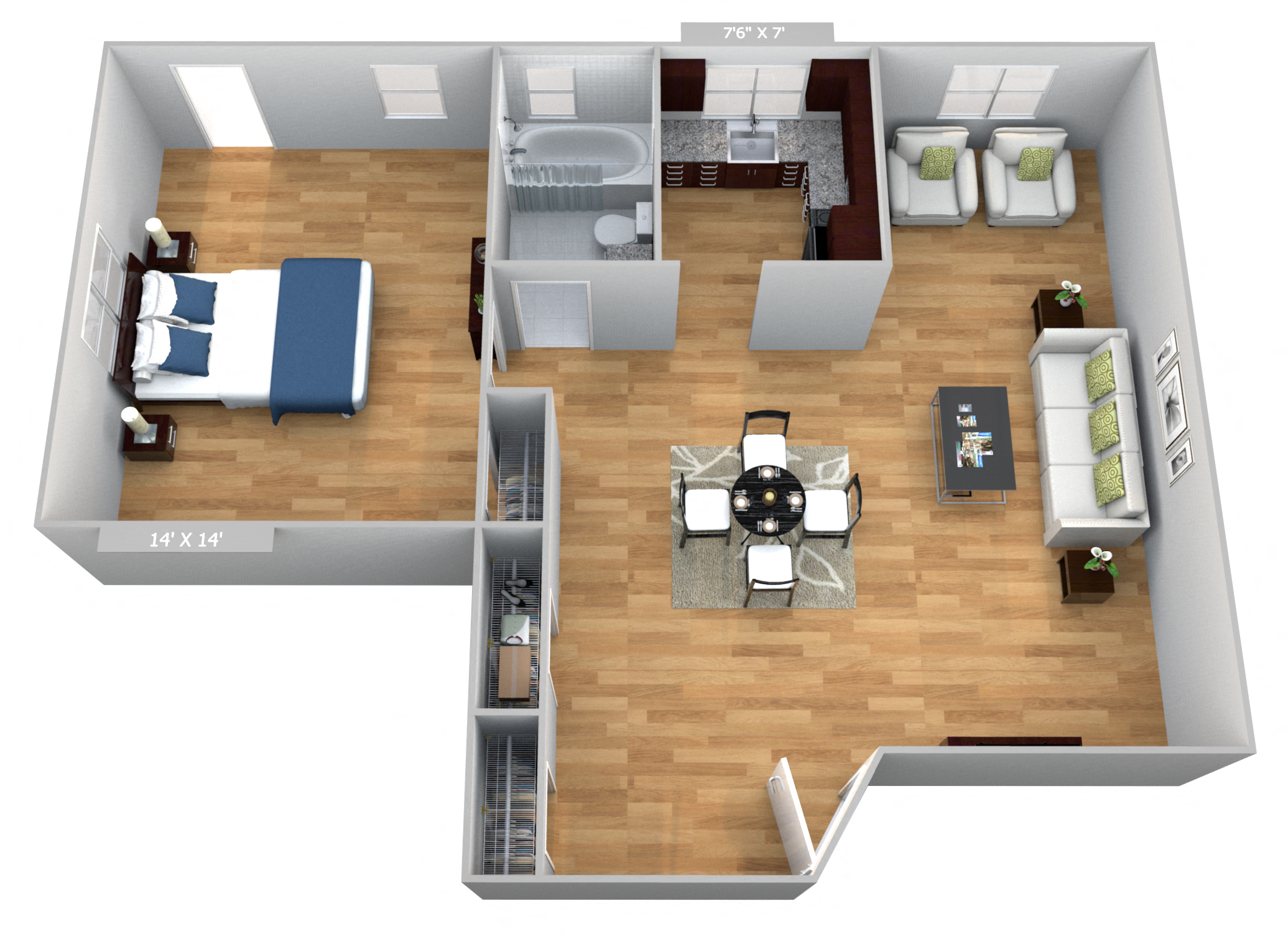 Floor plan for 1 bed, 1 bath